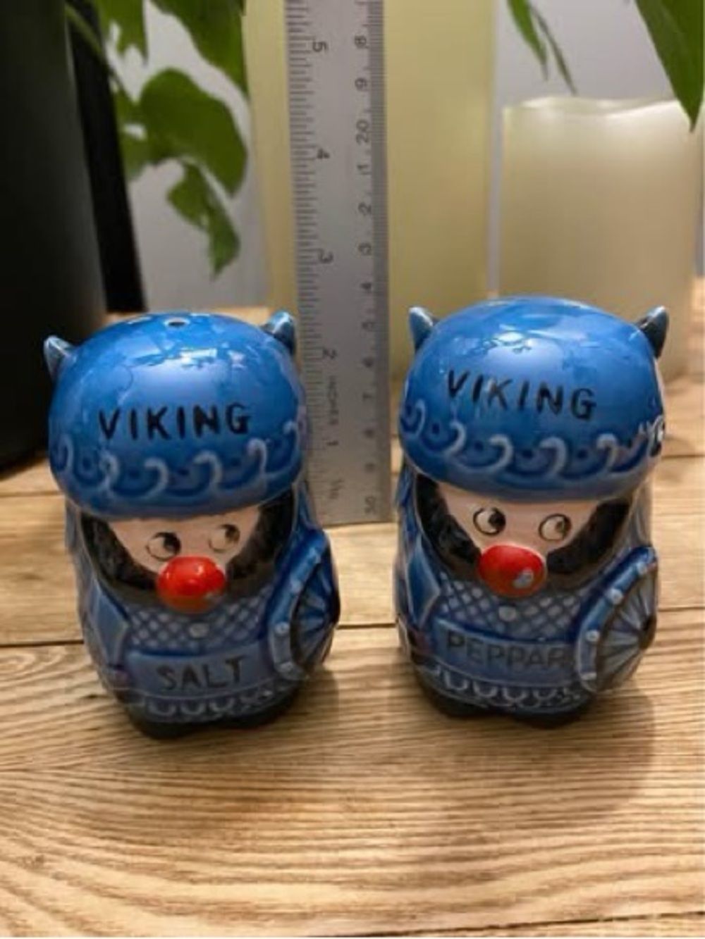 Vintage Blue Ceramic Viking Salt & Pepper Shakers Set - "FOREIGN" Marked